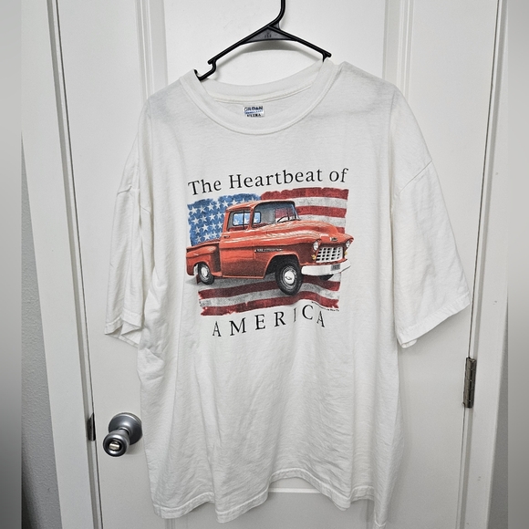 Gildan Other - Gildan White T-Shirt with Red Chevy Truck and Flag Design